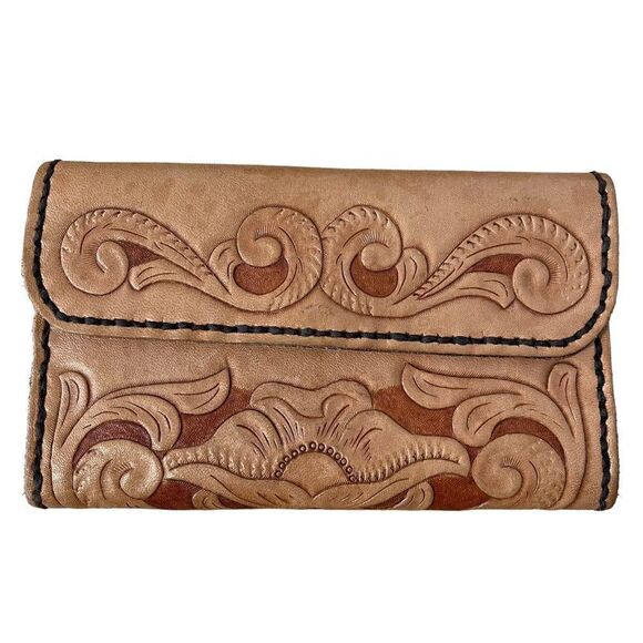 Vintage Hand Tooled Brown Tan Leather Floral Kiss Lock Western Boho Wallet - Picture 2 of 9